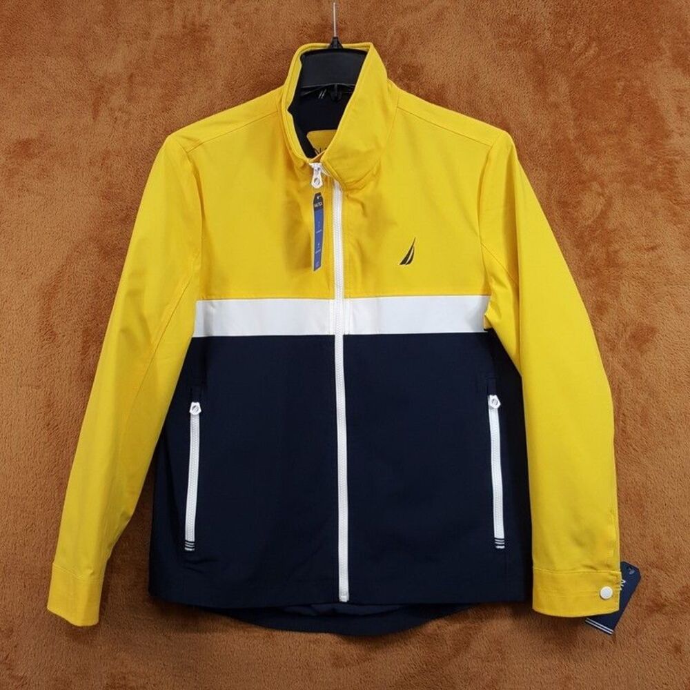 NAUTICA Jacket Mens Medium Yellow Navy Colorblock Zip Up Water Wind Resistant